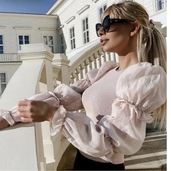Zara Sweaters Zara Women Organza Puff Sleeve Pale Pink Knit